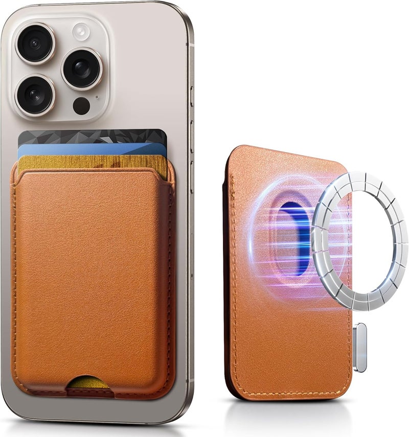 SOUNDBYTE Stronger Magnetic Wallet for iPhone 17/16/15/14/13/12 Series & for MagSafe Cases | N52 Magnet RFID Blocking Leather Magnetic Card Holder with Powerful Magnets | Holds 3 Cards | Orange - Image 1